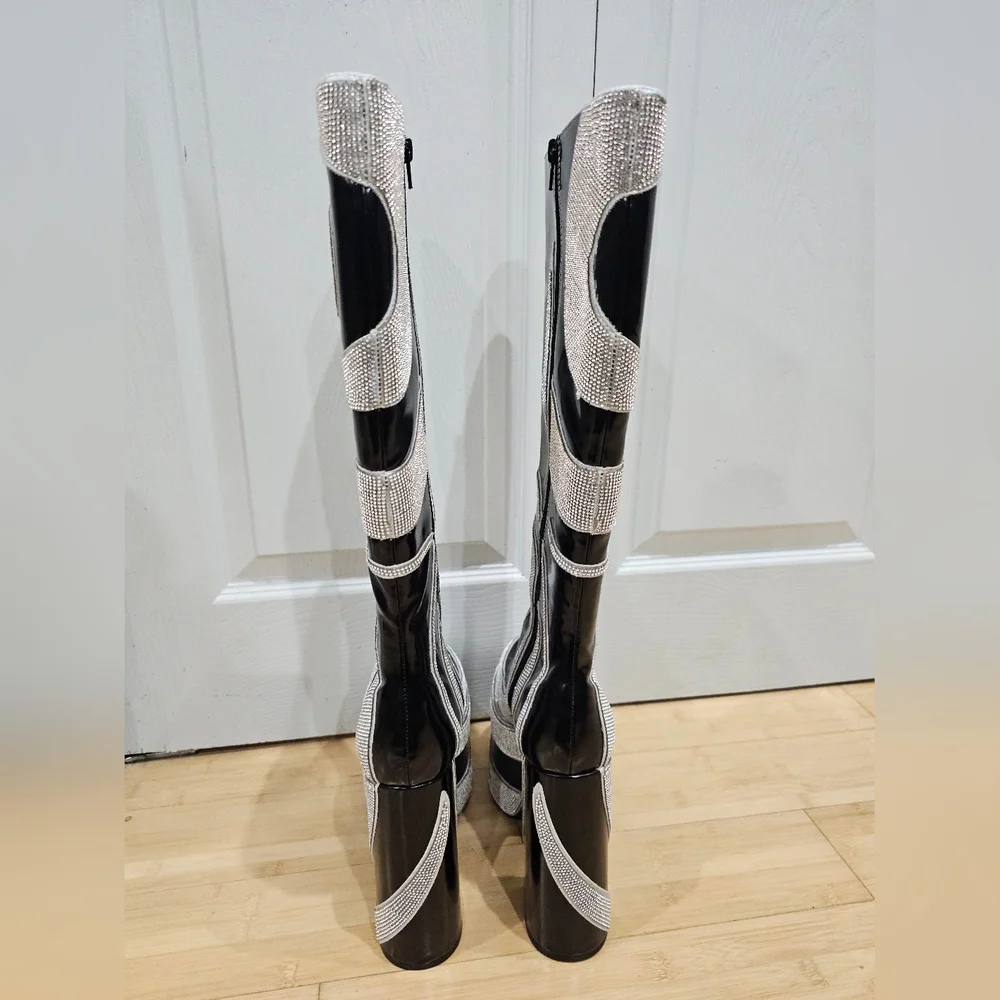 Dolls Kill Current Mood How Sweet It Is Platform Rhinestone Swirl Black Boots 8 - Picture 6 of 16
